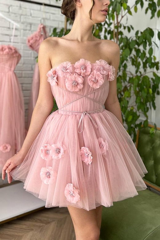 Floral Strapless Ruched Tulle A-Line Mini Homecoming Dress