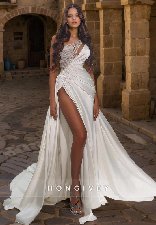 Beaded One Shoulder Draped High Slit Wedding Dress with Train