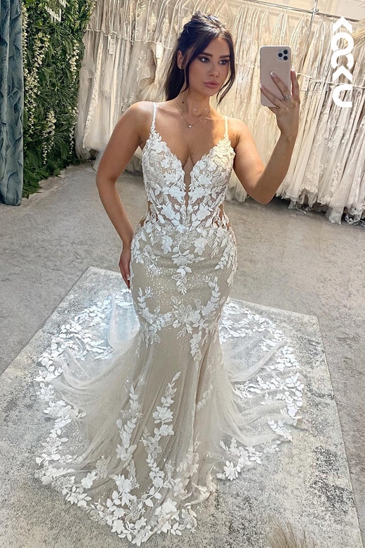 Trumpet V-Neck Tulle Appliques Bohmian Backless Beach Wedding Gown