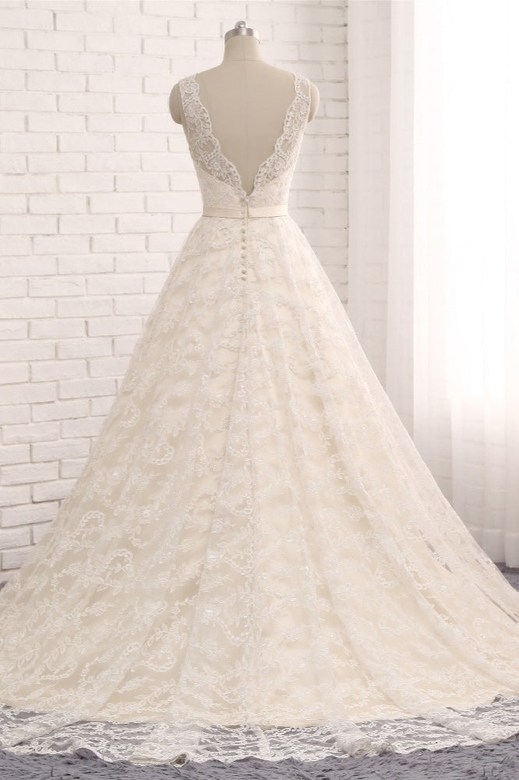 Chic Champagne Jewel Sleeveless A-line Wedding Dress, Lace & Appliques