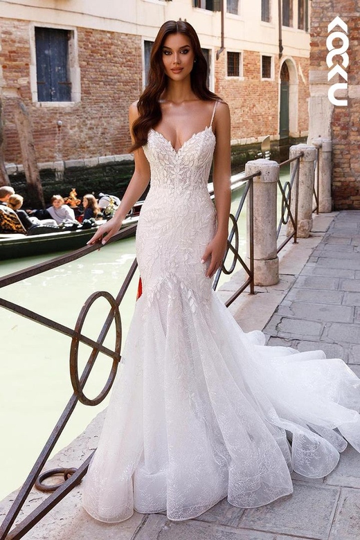 Couture Spaghetti Straps V-Neck Mermaid Applique Tulle Wedding Dress