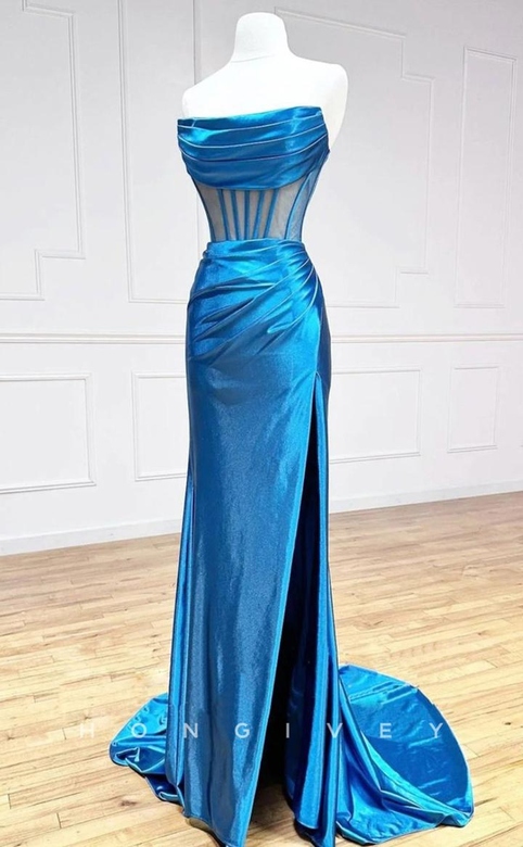 Sexy Satin Fitted Bateau Strapless Illusion Empire Gown