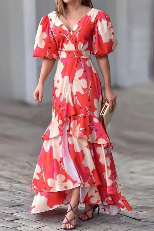 Elegant Floral Patchwork V-Neck A-Line Dresses for Women