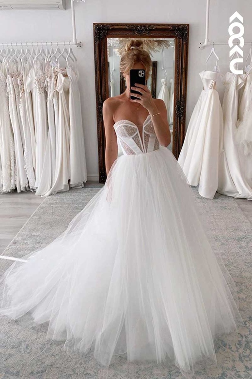 Deep V-Neck Strapless Sparkly Tulle A-Line Wedding Gown