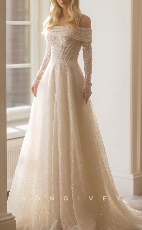 Chic Tulle A-Line Dress, Off-Shoulder Long Sleeve, Empire Beaded Appliques, Train