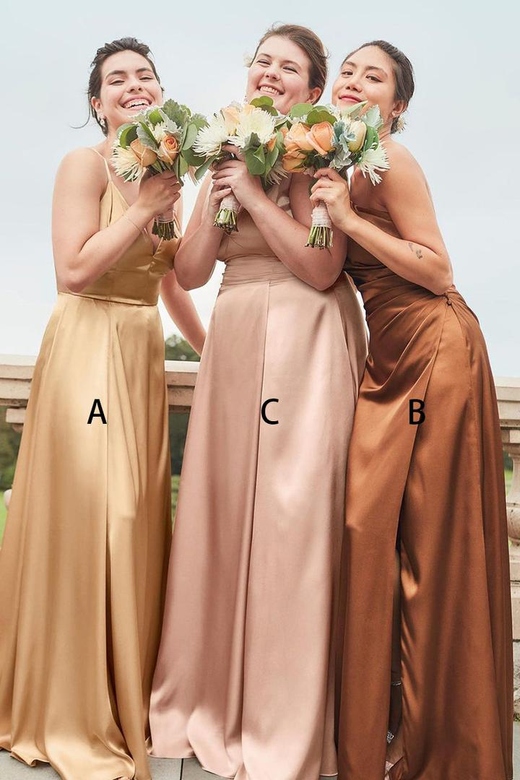 Simple Mismatched Sleeveless Satin A-Line Long Bridesmaid Gown