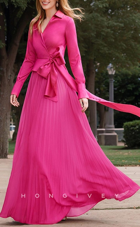 Elegant A-Line V-Neck Long Sleeve Bowknot Belt Mother's Formal Gown