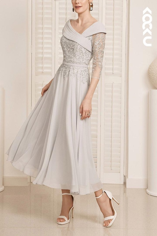 Elegant Off-Shoulder Half Sleeves A-Line Chiffon Dress