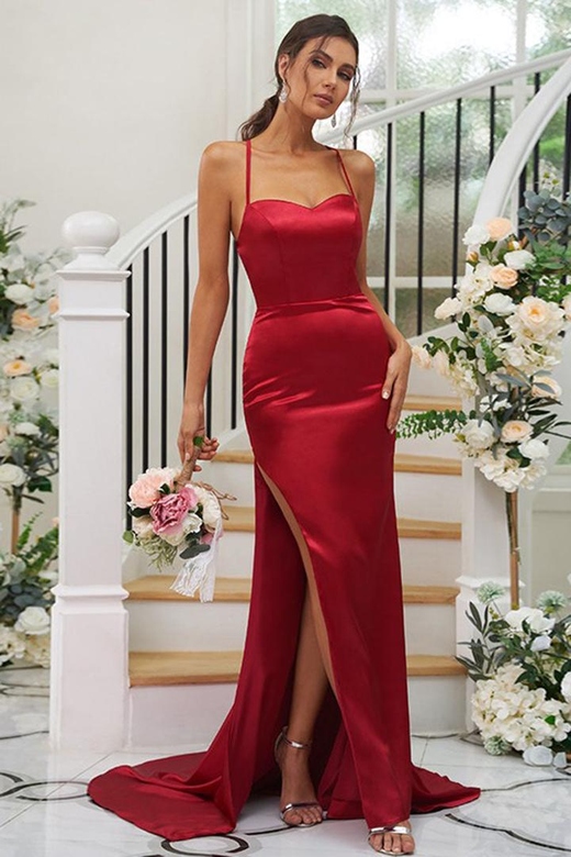 Square Neck Ruched Elastic Satin Sheath Bridesmaid Dress