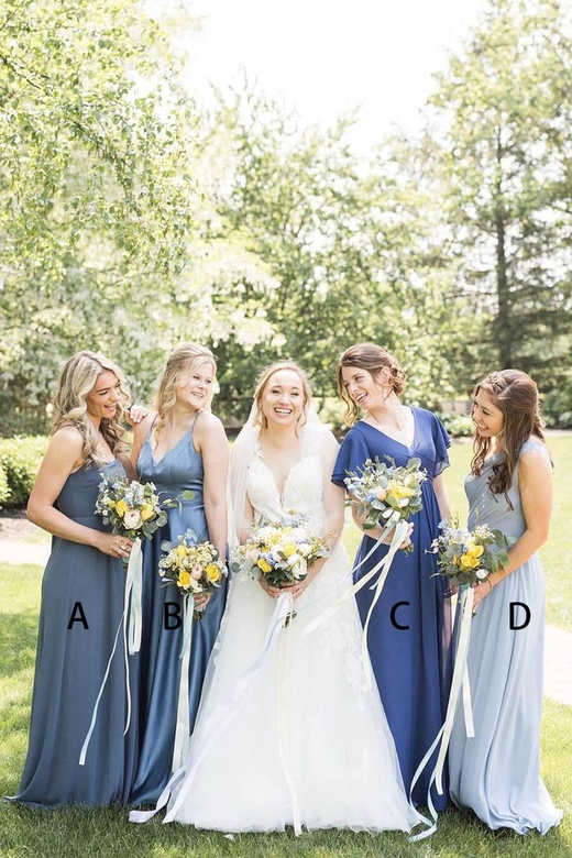 Blue Simple Mismatched Ruched Satin Chiffon A-Line Long Bridesmaid Gown