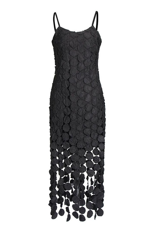 Flowy Scoop Neck Laser Cut Circle Fringe Sleeveless Cocktail Midi