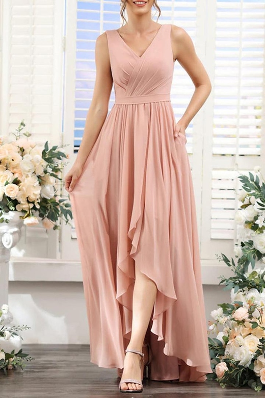 Sleeveless V-Neck Ruched Chiffon High-Low Bridesmaid Gown