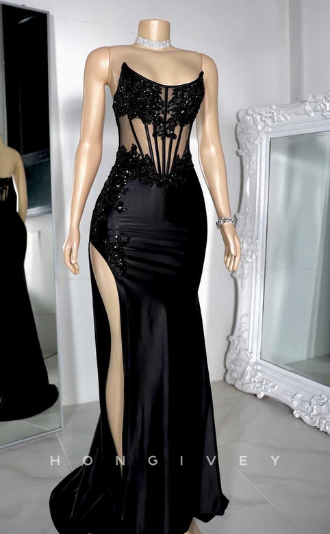 Chic Satin Bateau Dress with Beaded Appliques and Slit