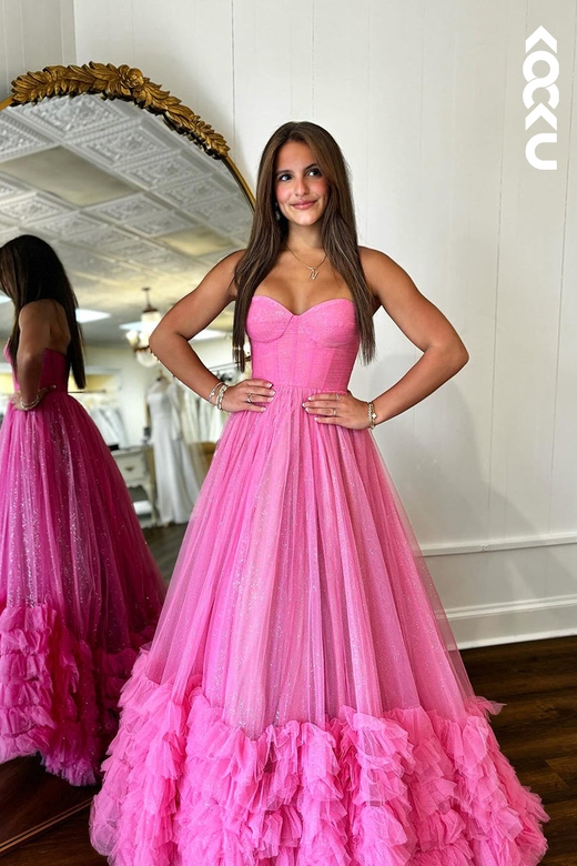 Elegant A-Line Ruffles V-neck Sleeveless Tulle Prom Dress