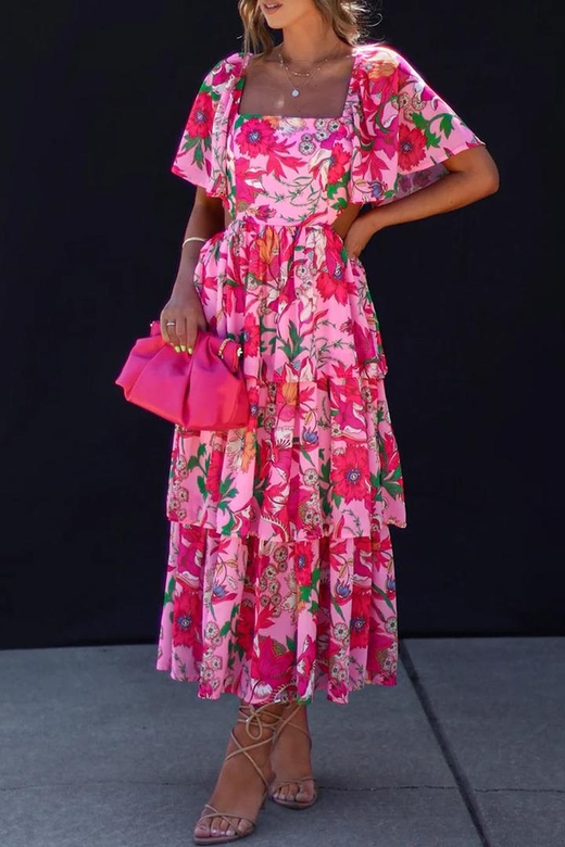 Elegant Vacation Print Flowers Flounce Square Collar A-Line Dresses