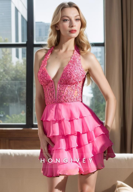 A-Line Low V-Neck Halter Appliques Tiered Party Gown