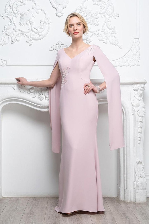 V-Neck Long Cap Sleeves Lace Appliqued Mother of the Bride Gown