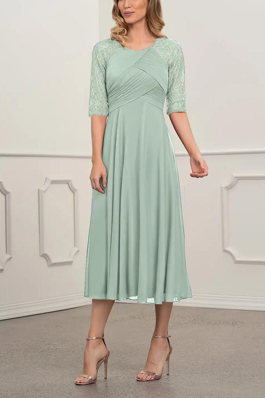 Scoop Half Sleeves Ruched Chiffon Midi Mother of the Bride Dress