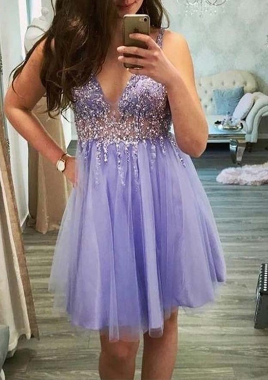 A-Line V-Neck Sleeveless Short/Mini Tulle Homecoming Dress with Appliqued Beading and Sequins