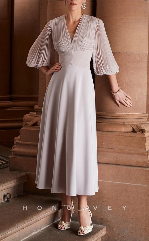 Attractive Satin A-Line V-Neck 3/4 Sleeves Ruched Pockets Gown