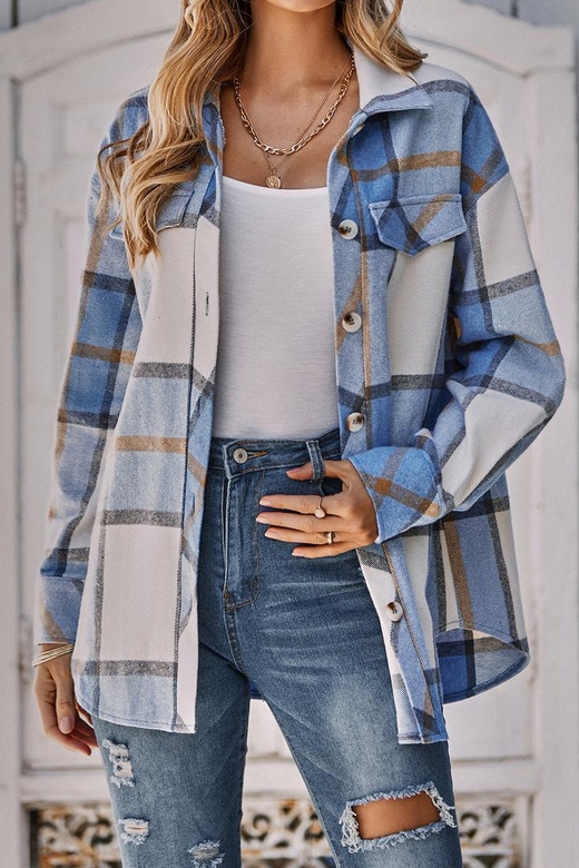 Casual White & Blue Plaid Shirt for Women