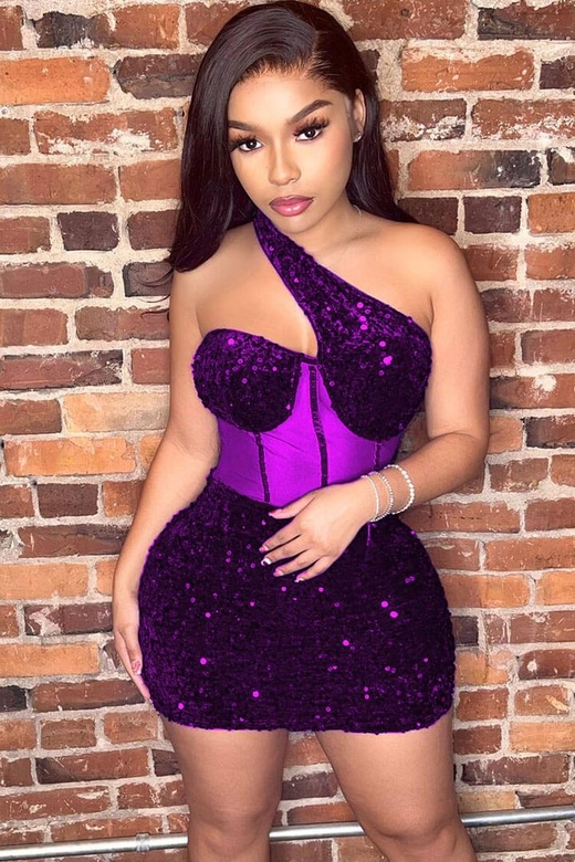 Purple Sparkly One Shoulder Mesh Velvet Sequin Bodycon Party Mini Dress