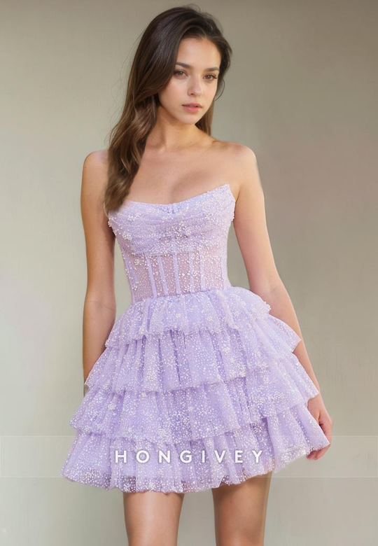 Tulle A-Line Bateau Strapless Tiered Short Party or Homecoming