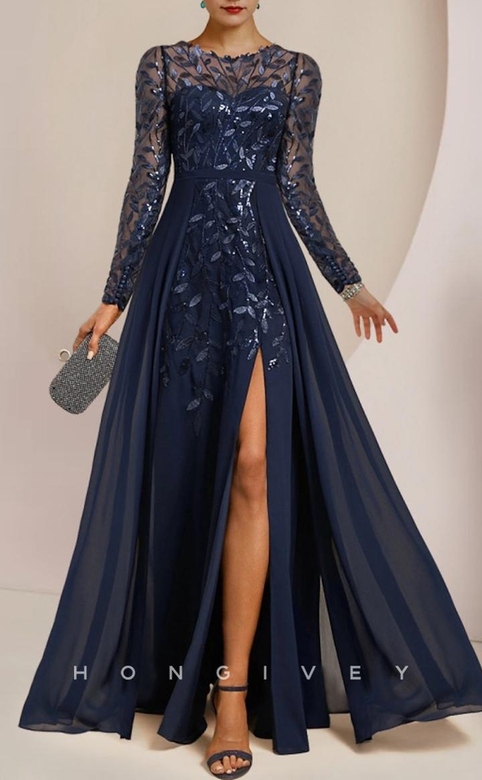 Elegant A-Line Round Long Sleeve Lace Applique Side Slit Mother's Gown