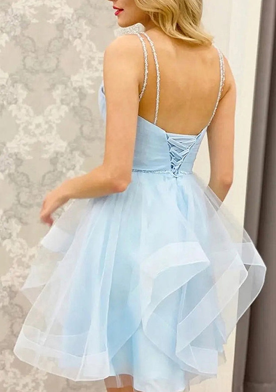 A-Line V-Neck Sleeveless Taffeta Ruffled Short Mini Homecoming Dress