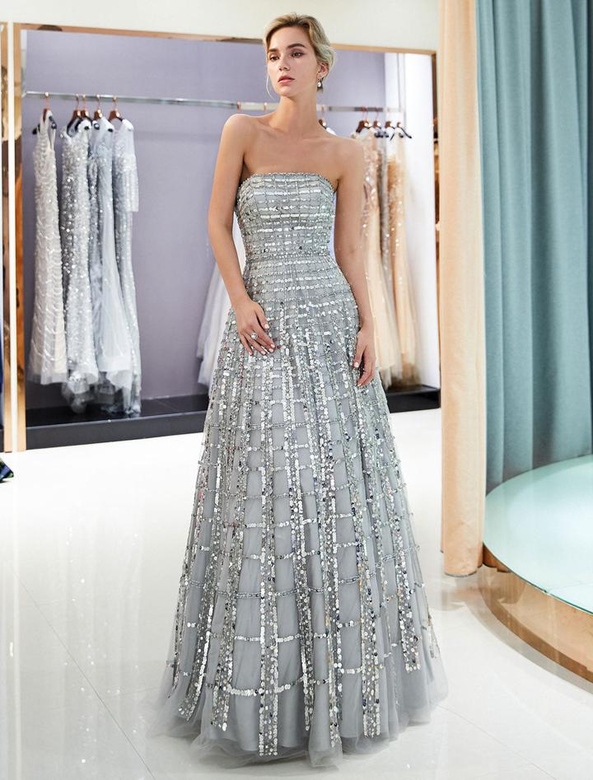 Modern Light Grey Strapless Sequin Floor Length Luxury Women Pageant Gown