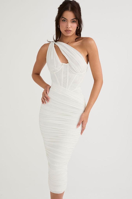 Sexy White Cutout One Shoulder Ruched Bodycon Mesh Corset Midi Dress