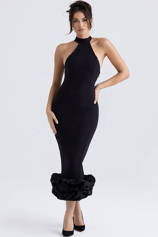 Sexy High Neck Black Sleeveless Bodycon Ruffle Cocktail Party Midi Dress