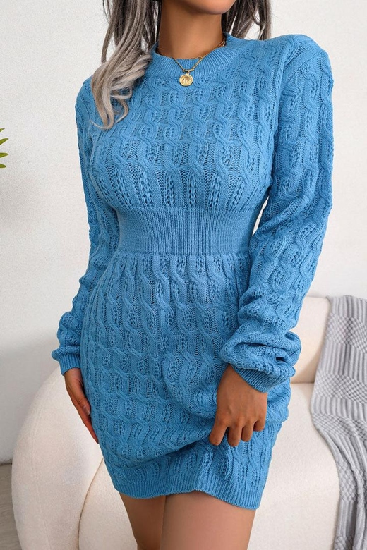 Cozy Blue Winter Fisherman Cable Knit Bodycon Sweater Mini Dress