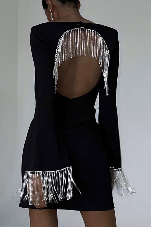 Black Sparkly Rhinestone Fringe Cutout Square Neck Long Sleeve Party Mini Dress