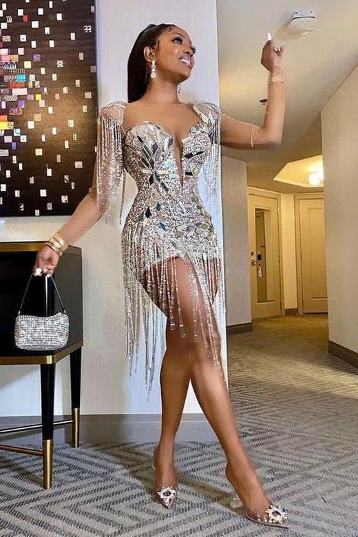 Silver Sparkly Rhinestone Fringe Epaulet Sheer Mesh Sequin Party Mini Dress