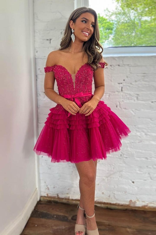 Low V-Neck Off-Shoulder Beaded Tulle A-Line Mini Homecoming Gown