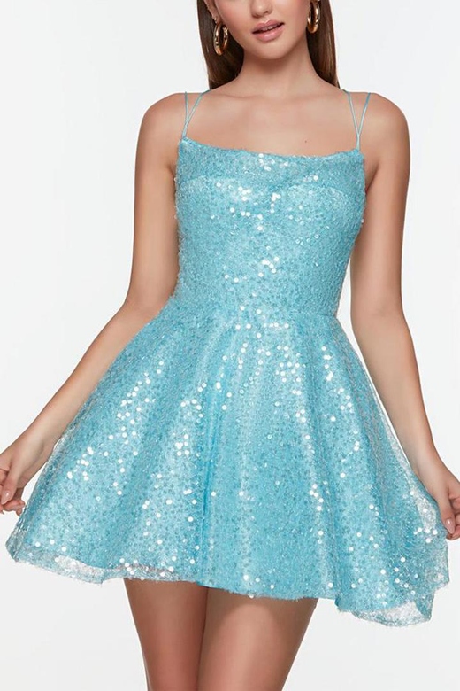 Square Neck Spaghetti Straps Sequined A-Line Mini Homecoming Gown