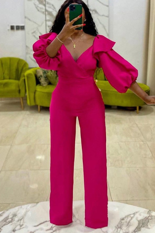 Fuchsia V-Neck Long Sleeve Jumpsuit for Women