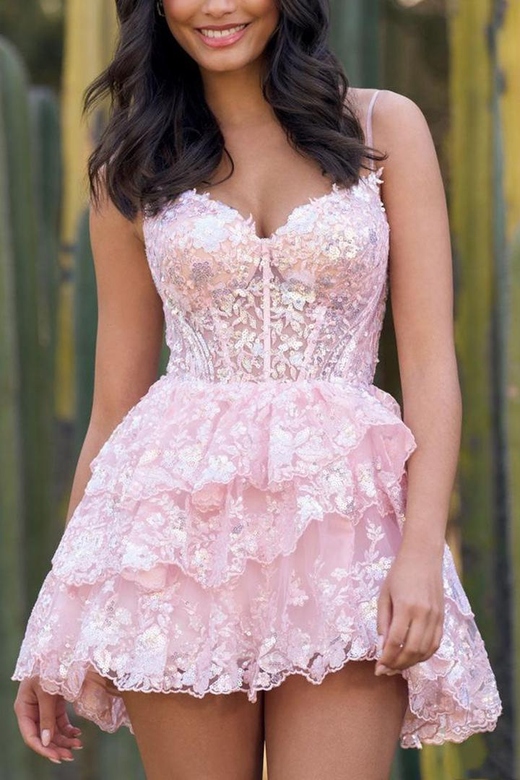 V-Neck Spaghetti Straps Sequined Tulle A-Line Mini Homecoming Gown