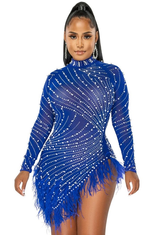 Blue Sparkly Crystal High Neck Sheer Mesh Bodycon Feather Party Mini Dress