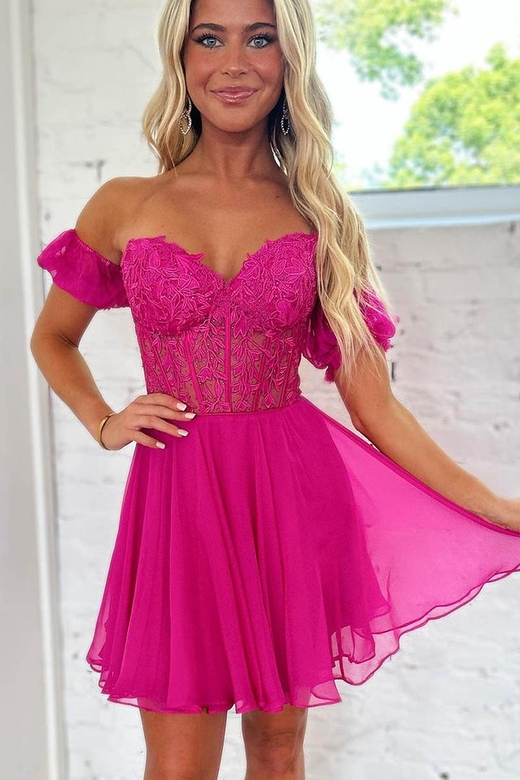 Sweetheart Off-Shoulder Appliqued Tulle A-Line Mini Homecoming Gown