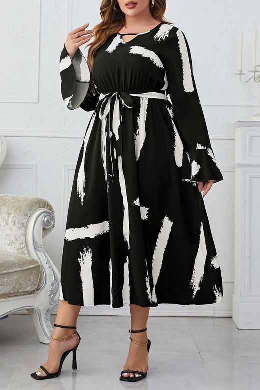 Elegant Geometric Bandage Printing V-Neck A-Line Plus Size Dresses