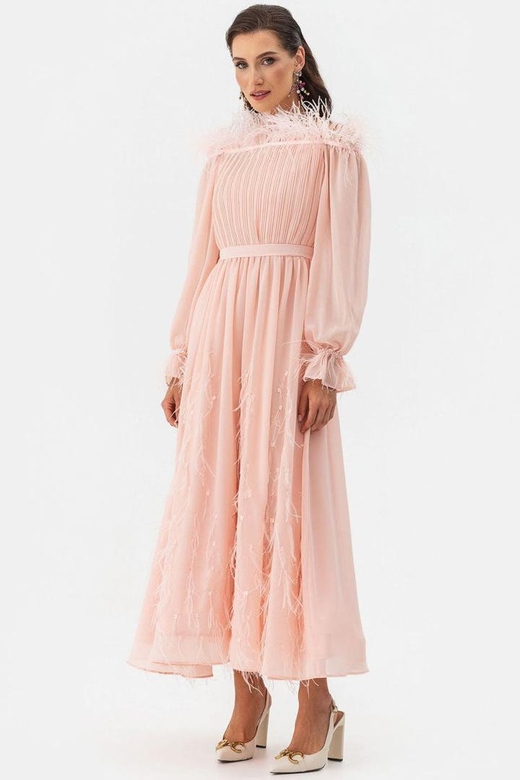 Fairytale Feather Trim Off-Shoulder Pleated Chiffon Gown