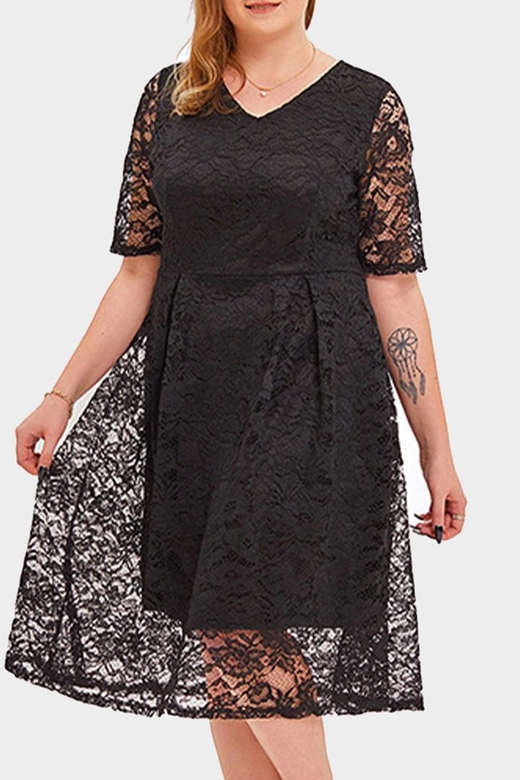 Elegant Solid Lace V-Neck A-Line Plus Size Dresses