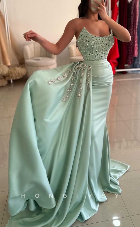 Bateau Strapless Beaded Dress with Side Slit for Prom