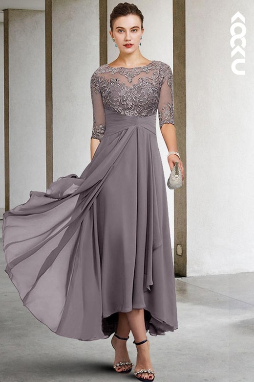 Couture & Ornate Long Sleeves A-Line Lace Applique Chiffon Mother of the Bride Dress