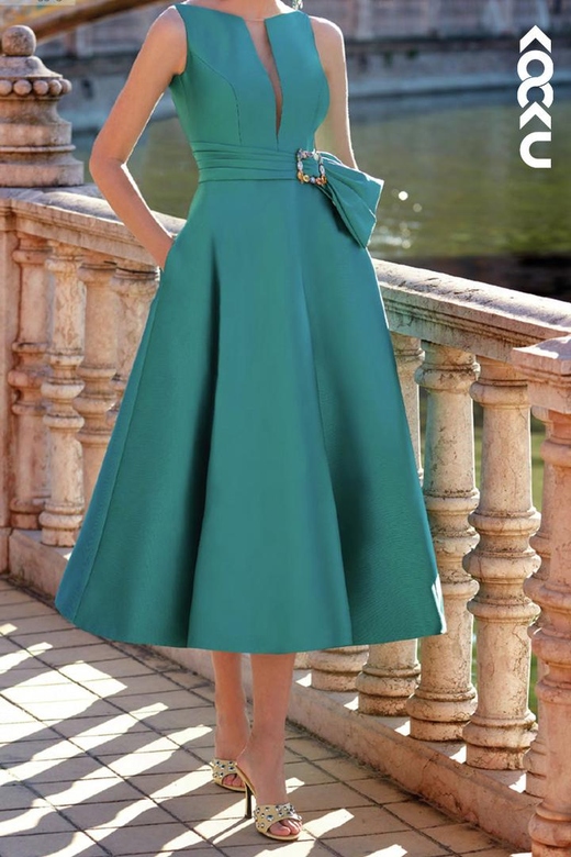 A-Line V-Neck Open Back Satin Belted Cocktail Mother Gown