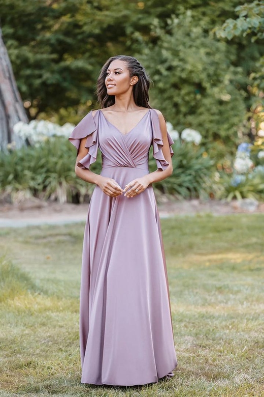 V-Neck Ruched Cap Sleeves Satin A-Line Bridesmaid Gown