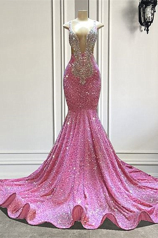 Mermaid V-neck Sequined Floor-Length Dress, Sleeveless & Elegant