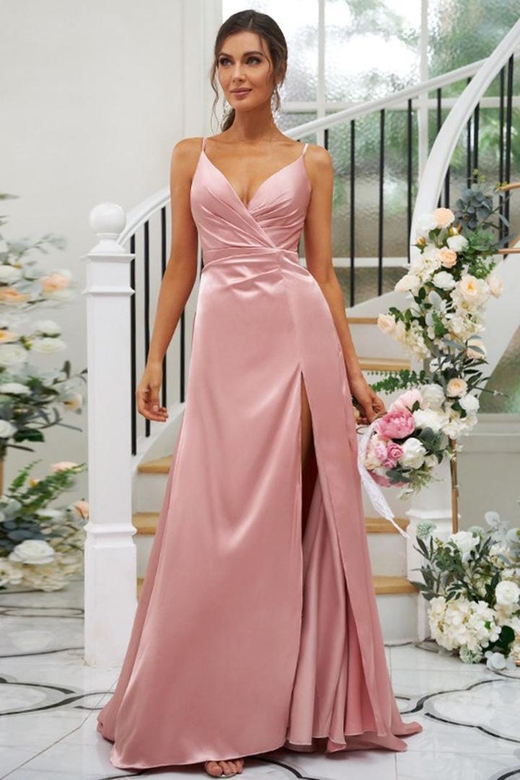 V-Neck Spaghetti Straps Ruched Satin A-Line Long Bridesmaid Dress